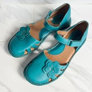 Born Womens Teal Flower Mary Janes Leather Flats Comfort Walking Sandals 6.5 M